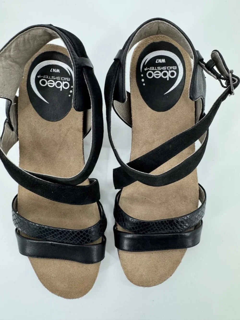 Abeo Bianca Black Leather Strappy Sandals With Block Heel & Bio System Comfort